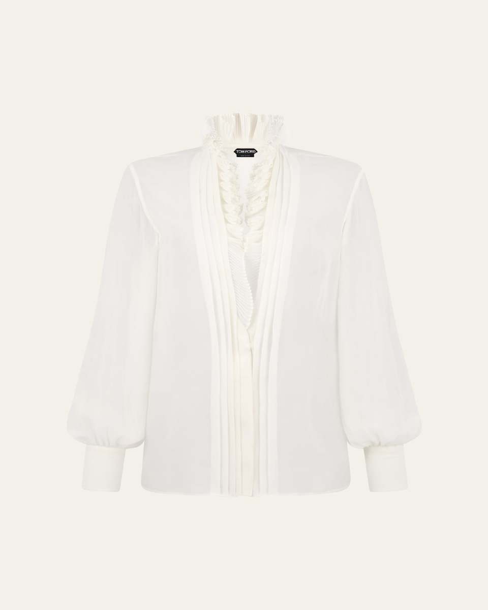 Pleated Puff Sleeve Blouse with Ruffle Trim